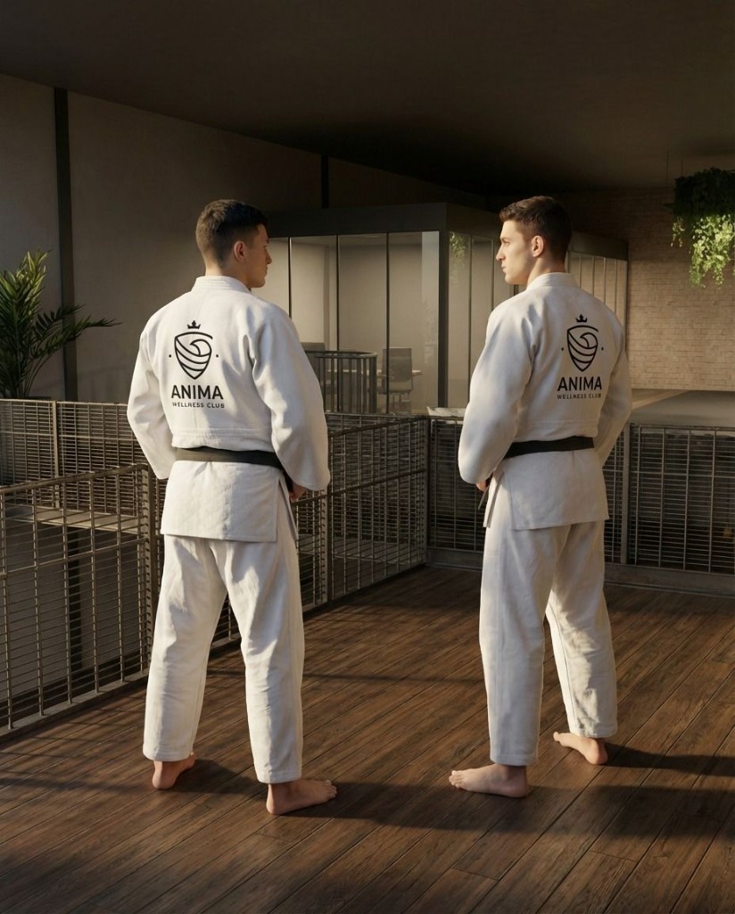 Praticantes de artes marciais com kimonos ANIMA no mezanino do clube