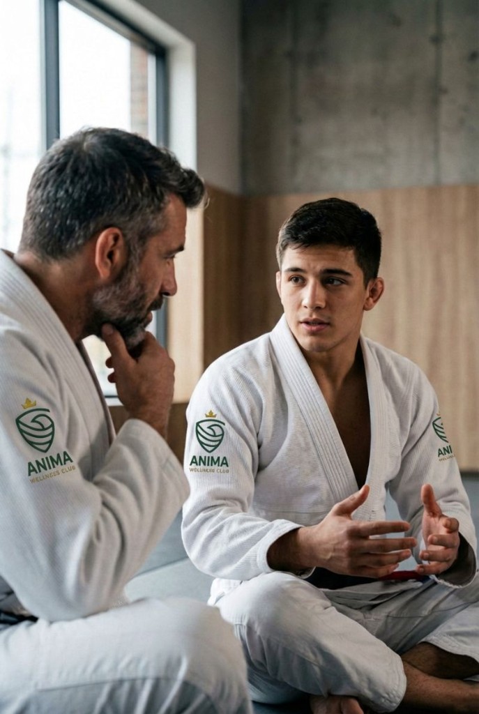 Professor e aluno conversando no tatame com kimonos ANIMA